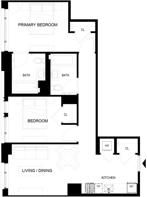 Floor plan for 2 beds, 2 baths, 774 sqft